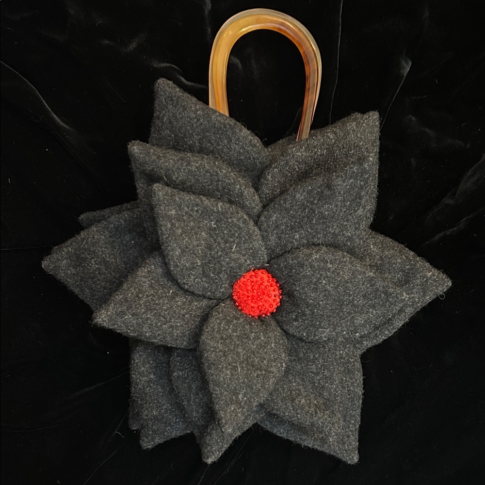 Black Poinsettia Handbag with Beaded Red Center Holiday Dressy Purse